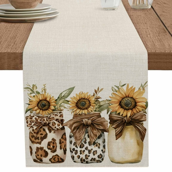 Summer Sunflower Leopard Print Bow Table Runner-70 Inch Long Vintage Linen Table Runners Linen Burlap Tablerunner for Kitchen Dining Room Holiday Party
