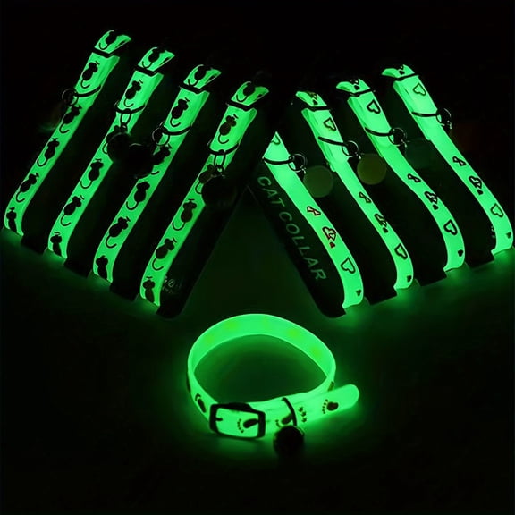 Glow in The Dark Cat Collar with Bell, Adjustable Small Pet Safety Collar with Cute Paw Print & Cat Pattern, 8.3"-11" Adjustable Length, 0.4" Wide