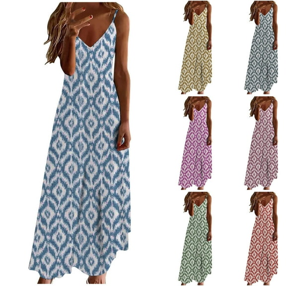 Jacenvly New Sundresses for Women 2024 Summer Dresses for Women Print Sleeveless Round Neck Dress Casual Dresses Lightweight Loose Casual Dresses for Women Blue