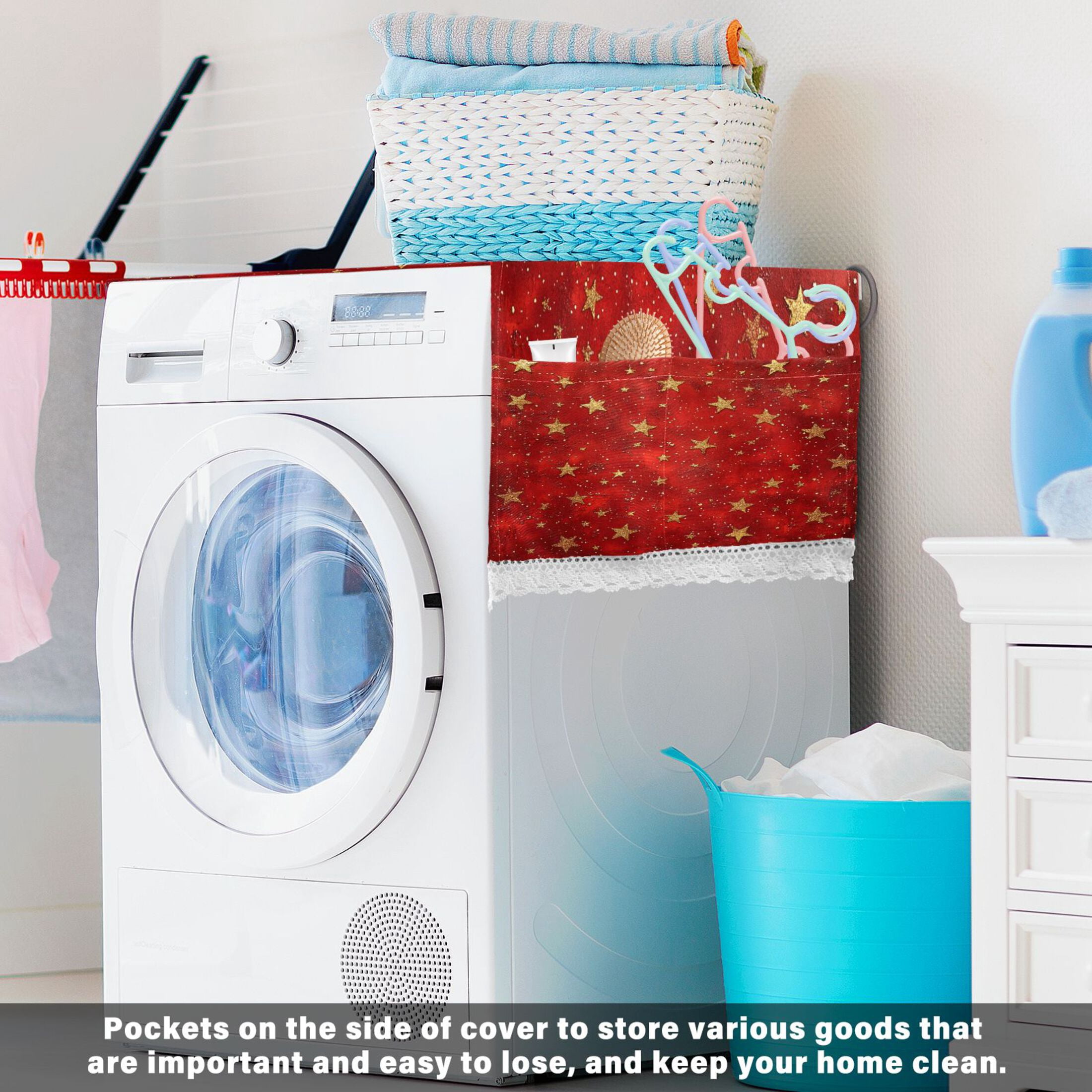 Red Background with Golden StarsWasher and Dryer Covers Dust-Proof and Oil Resistant Fridge Cover with 4 Storage Pockets Washing Machine Top Cover for Laundry Kitchen Home 51.2 x 22 In