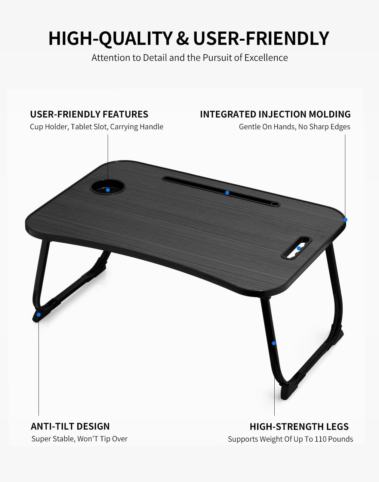 Laptop Bed Desk  Foldable Lap Portable Table Stand With Cup Holder & Tablet Slot Lifting Handle For Working Writing Drawing Eating - Dark Black
