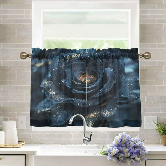 BZSMCE Set of 2 Pieces Kitchen Window Curtain Fashion Midnight Velvet Printed 27x24in/27x36in