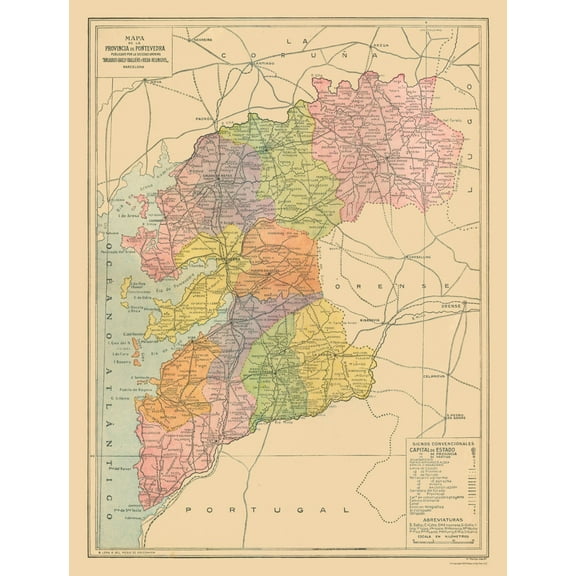 Historic Map - Pontevedra Spain - Pompido 1913 - Vintage Wall Art