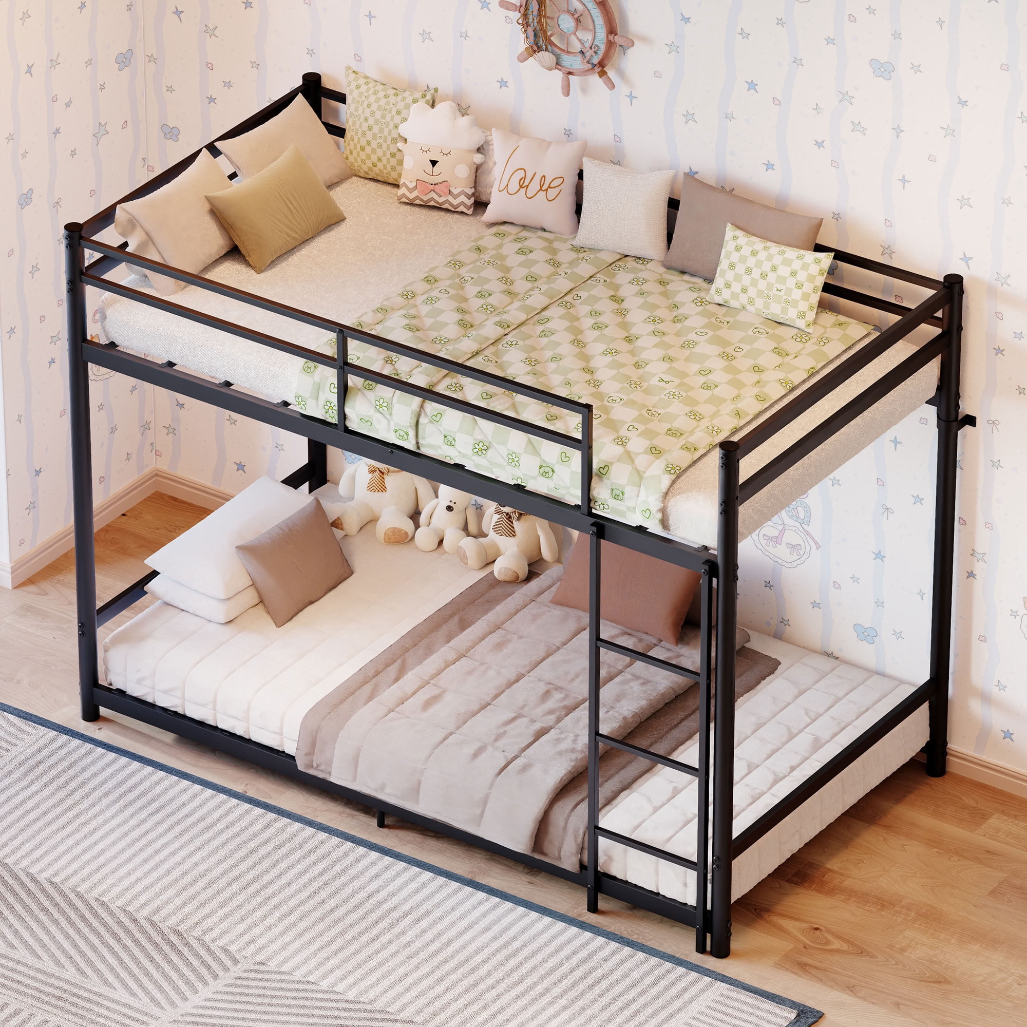 MAYEERTY Low Profile Metal Bunk Bed, Heavy Duty Twin Over Twin Bed Frame with Full-Length Guardrails, for Kids Teens Adults, Supports 330-440 lbs, No Box Spring Needed