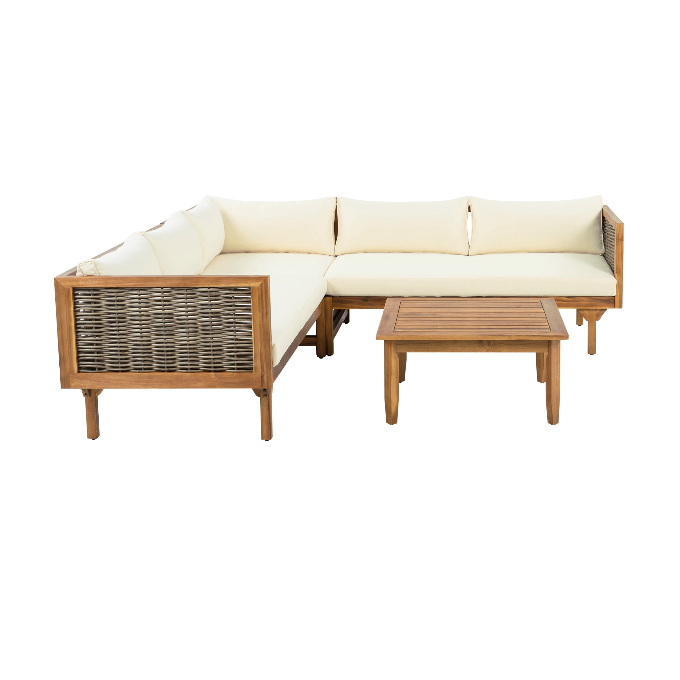 Christopher Knight Home 4-Piece Patio Wicker Conversation Set, Sectional Sofa Set with Coffee Table & Beige Cushions