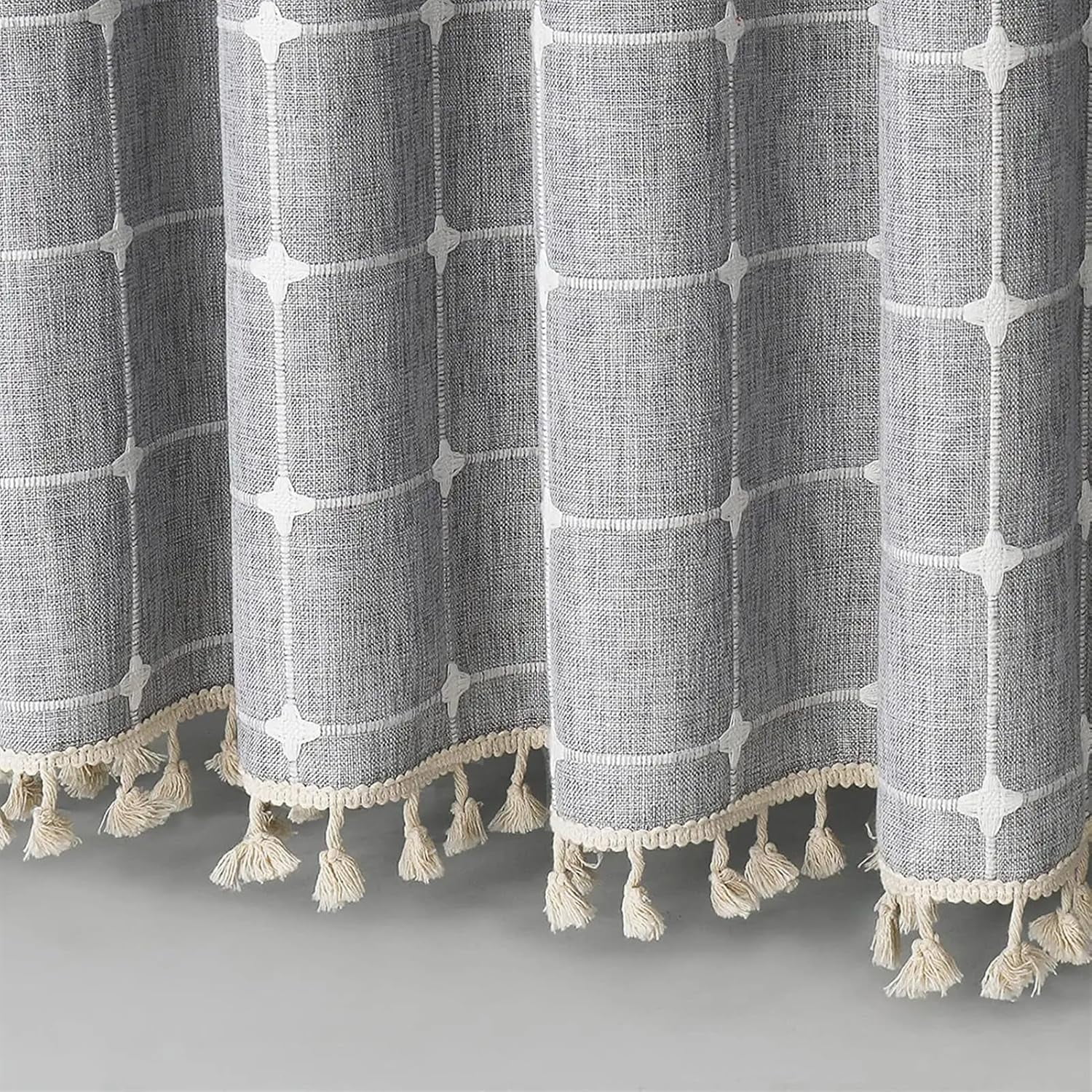 Zrodlmo Boho Farmhouse Shower Curtain with Hooks Rustic Cottagecore Fabric Bathroom Curtain with Tassels, 72" x 72", Gray