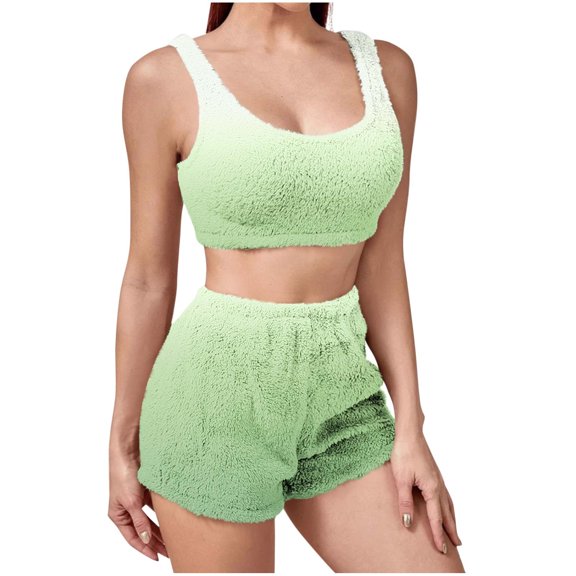 qucoqpe Women's Winter Fuzzy 2 Piece Outfits Fleece Warm Crop Tops Shorts Set Pajamas Loungewear