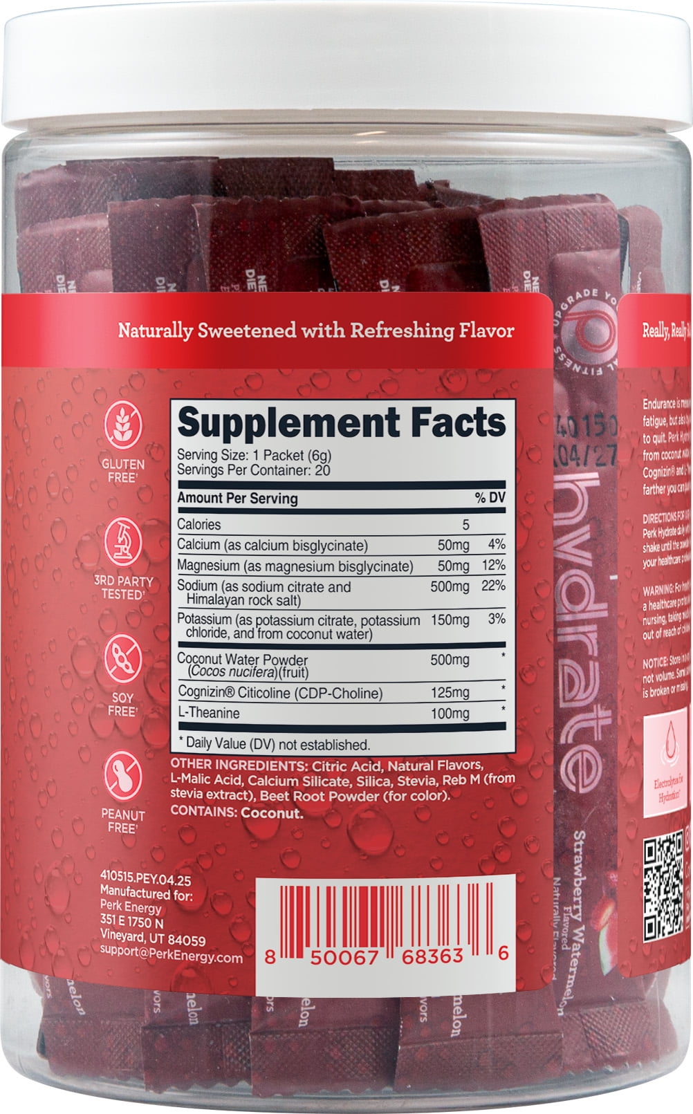 Perk Hydrate Electrolyte Stickpacks (Strawberry Watermelon) 20 Packets - Coconut Water, CDP-Choline, L-Theanine, Gluten-Free, Keto Friendly, Vegan