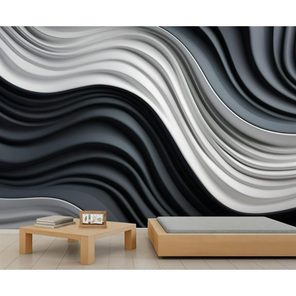Nordic Light Luxury Wall Murals, Black Wave White Lines Murals For TV Background, 3D Poster For Living Room, Minimalist Wall Photo, Wave Lines Home Decor & Gift 59"W x 39.4"H (Not Peel and Stick)