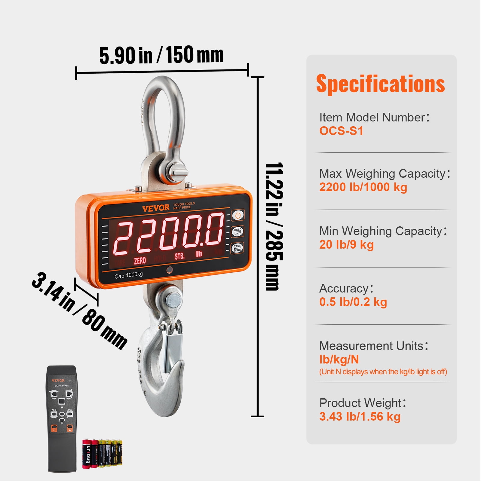 KFFKFF Digital Crane Scale Industrial Hanging Scale 2200 lbs/1000 kg Heavy Duty