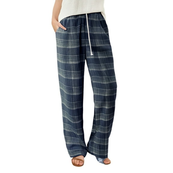 Women's Pants Spring Summer Autumn Checkered Pajama Pants Knitted Loose Fit Dark Blue Womens Trousers L