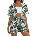 thumbnail image 2 of Womens 2 Piece Hawaiian Beach Outfits Short Sleeve Cardigan Blouses Tops and Drawstring Shorts Set Summer Beach Vacation Beachwear, 2 of 7