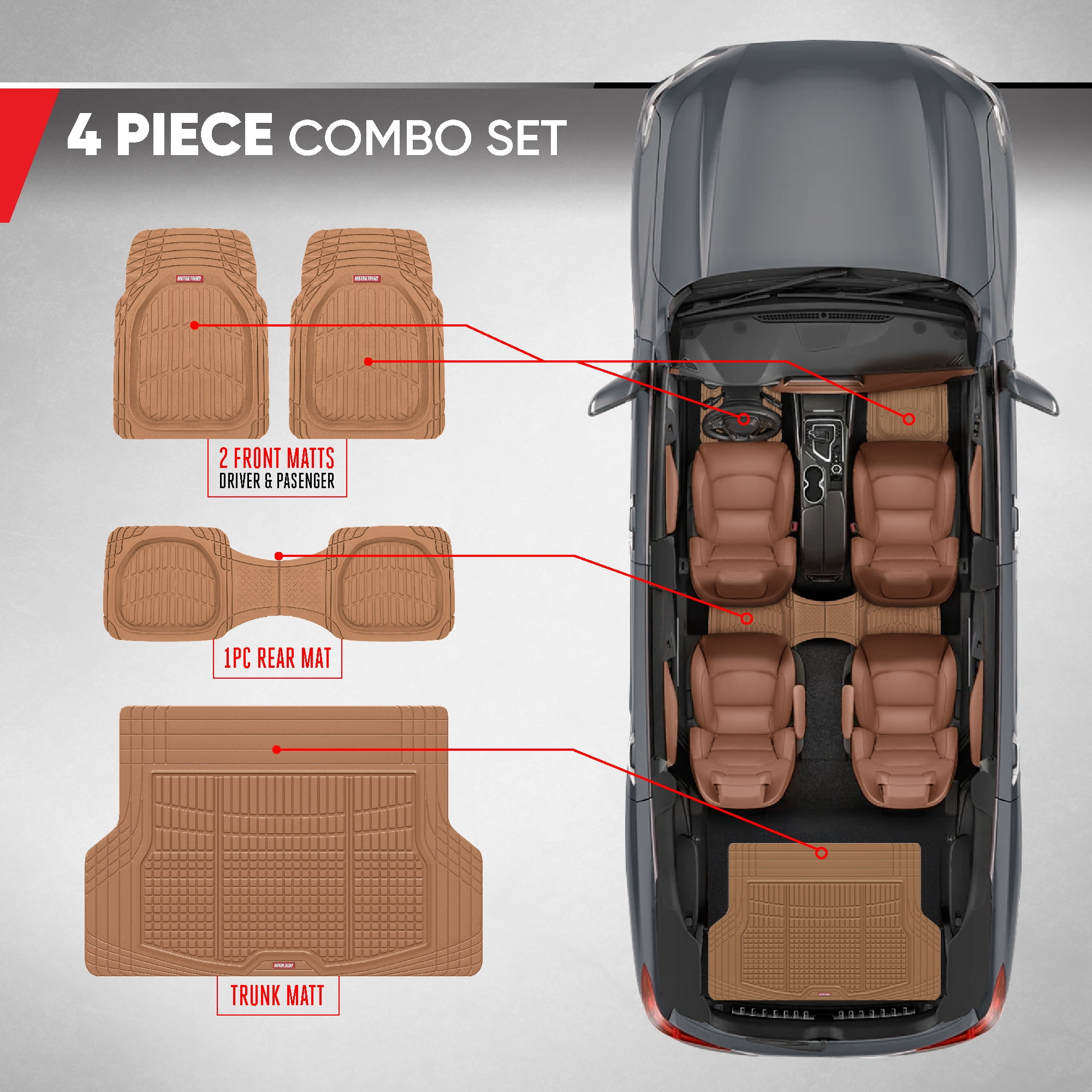 FlexTough Contour Liners Deep Dish 3 pc Rubber Floor Mats with Traction Grips Car Accessories (Beige)