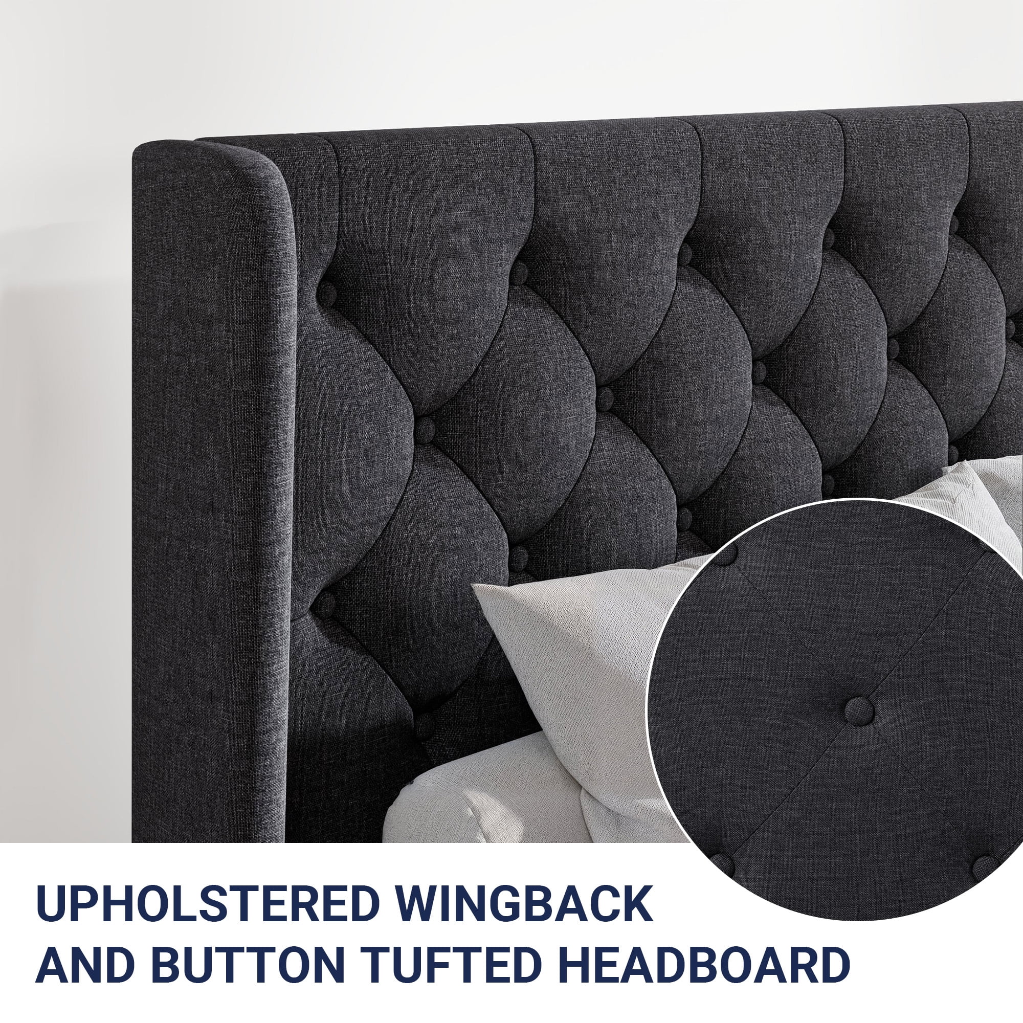 Allewie Full Size Upholstered Platform Bed Frame with Fabric Wingback Button Tufted Headboard, Black