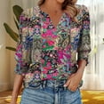 thumbnail image 2 of Spring Summer 3/4 Length Sleeve Tops Floral Printed T-Shirt Henley Neck Tee Short Sleeve Shirts Smocked Cuffed Sleeve Tunic Blouses Comfort Casual Tee Shirts Going Out Blosues, 2 of 6
