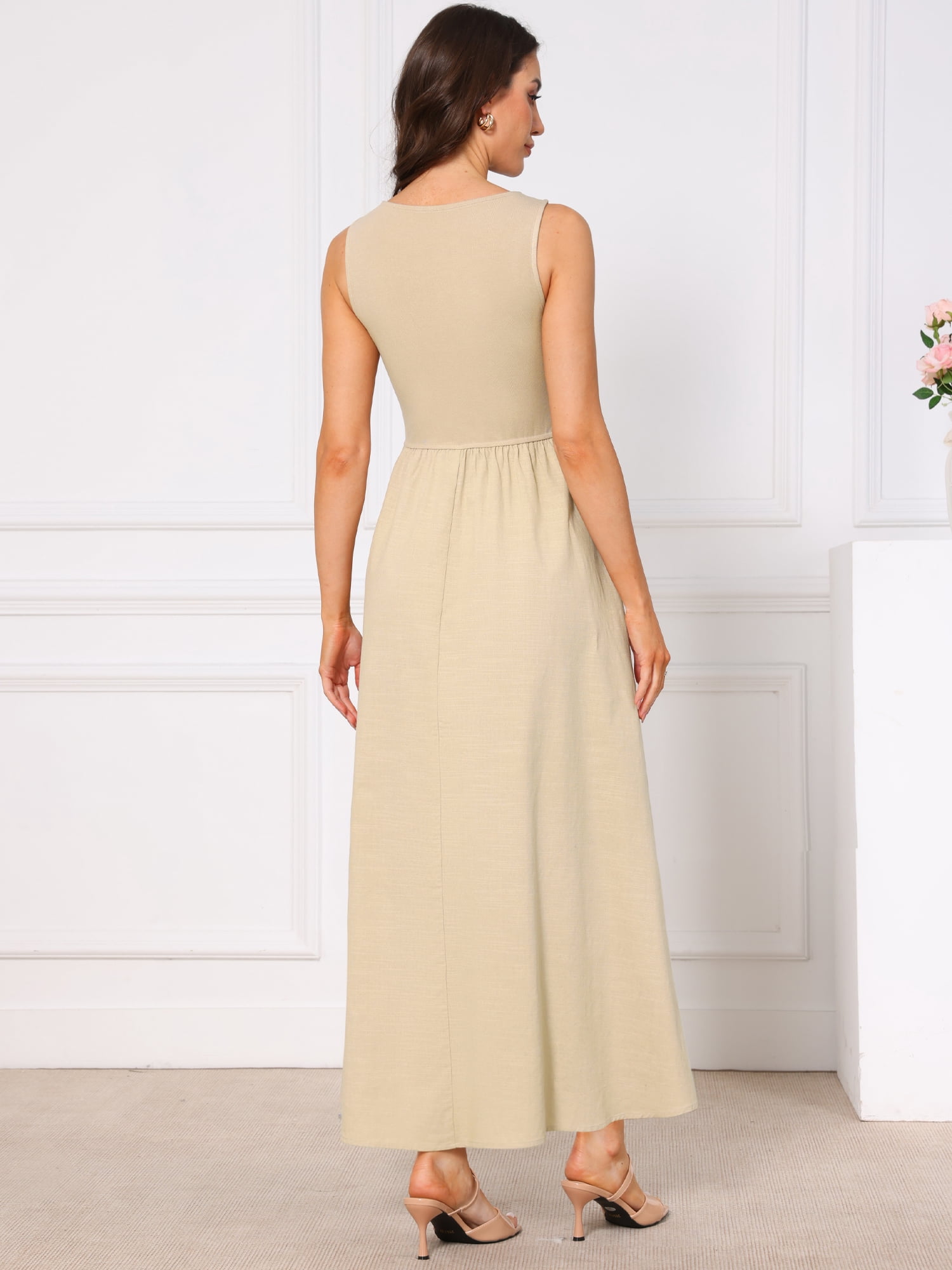 DARING DIVA Women's Sleeveless Maxi Patch Crew Neck Stretchy Tank Dress S Beige
