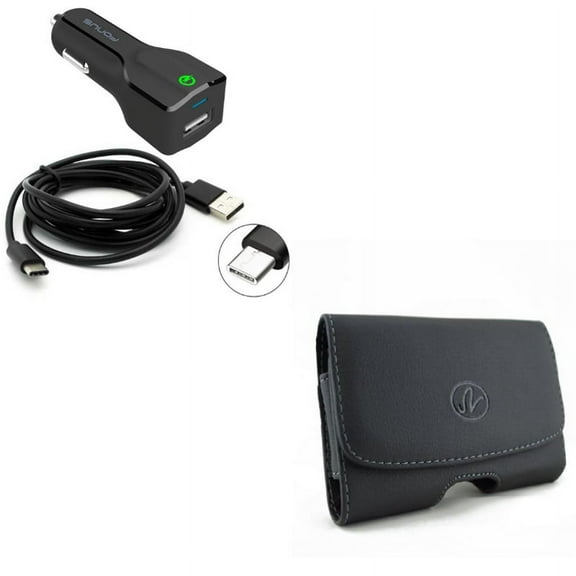 Black Leather Side Case w 24W Adaptive Fast USB Car Charger 6ft Type-C Cable L5X Compatible With Google Pixel 3a XL