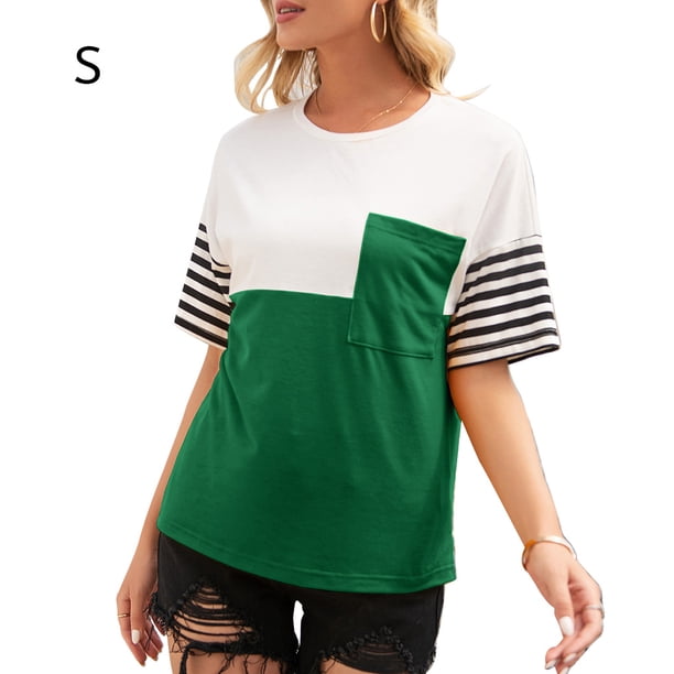 Camiseta de mujer Bloque de color a rayas Manga corta Cuello redondo Top suelto, Verde, S Vogacara AP001245-05