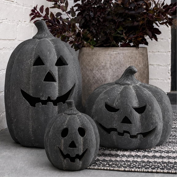 Fall Decor - 5.9" Halloween Black Handmade Resin Pumpkin Jack O' Lantern Decorations for Outdoor Indoor, Cute Spooky Decoration Centerpieces for Tables Porch Yard Home Kitchen Front Door Mantel