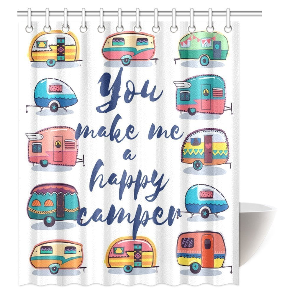 GCKG Camper Shower Curtain, You Make Me Happy Camper Motivational Quote with Caravans Retro