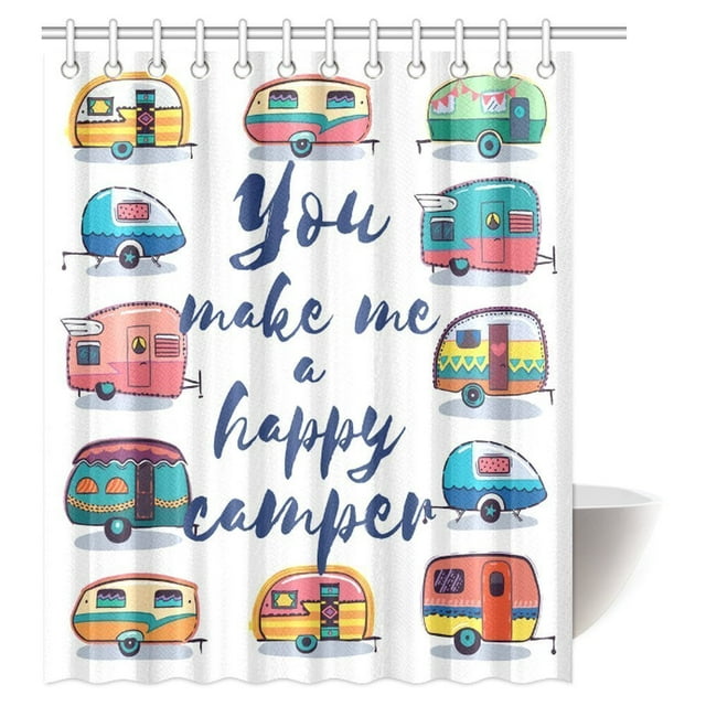 BSDHOME Rideau de Douche pour Camping-Car, Citation Motivationnelle "You Make Me Happy" avec Caravanes Style Rétro Graphique de Voyage pour Salle de Bain avec Crochets, 60 X 72 Pouces