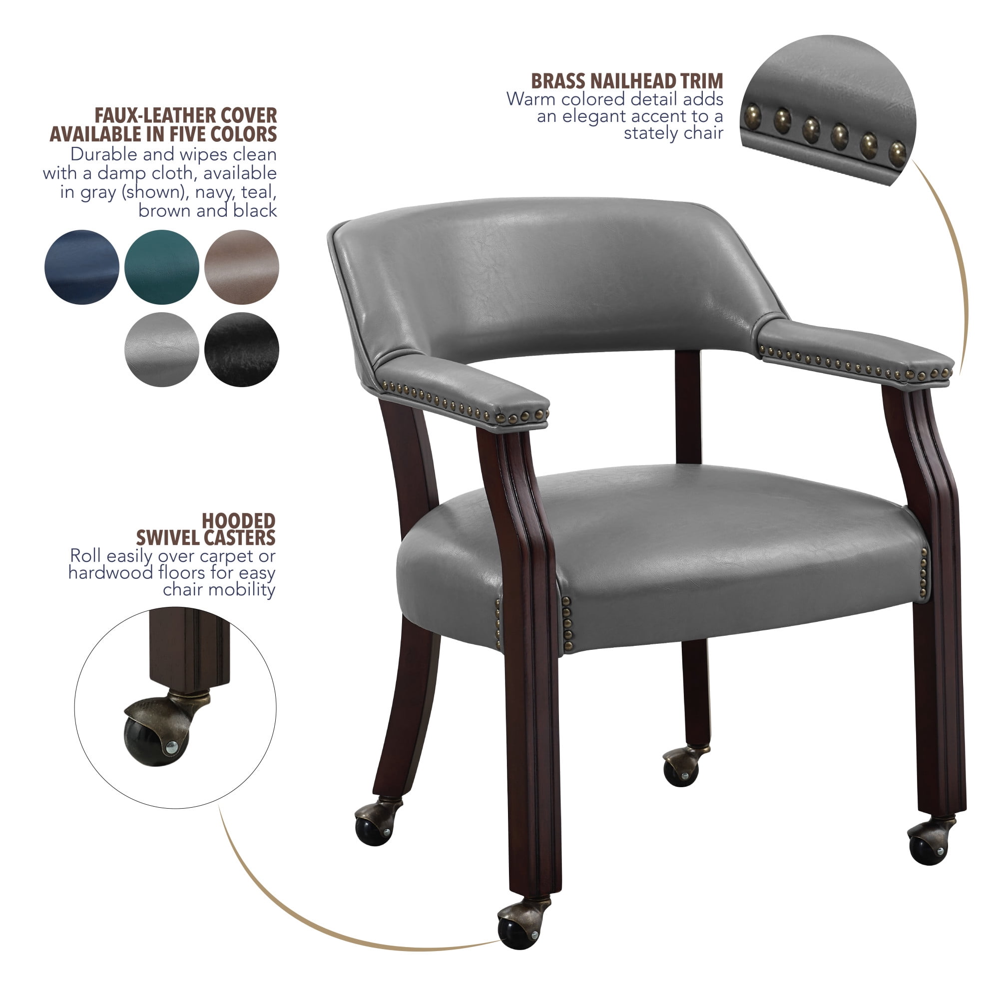 Steve Silver Tournament Faux Leather Dining Chairs with Arms, Gray