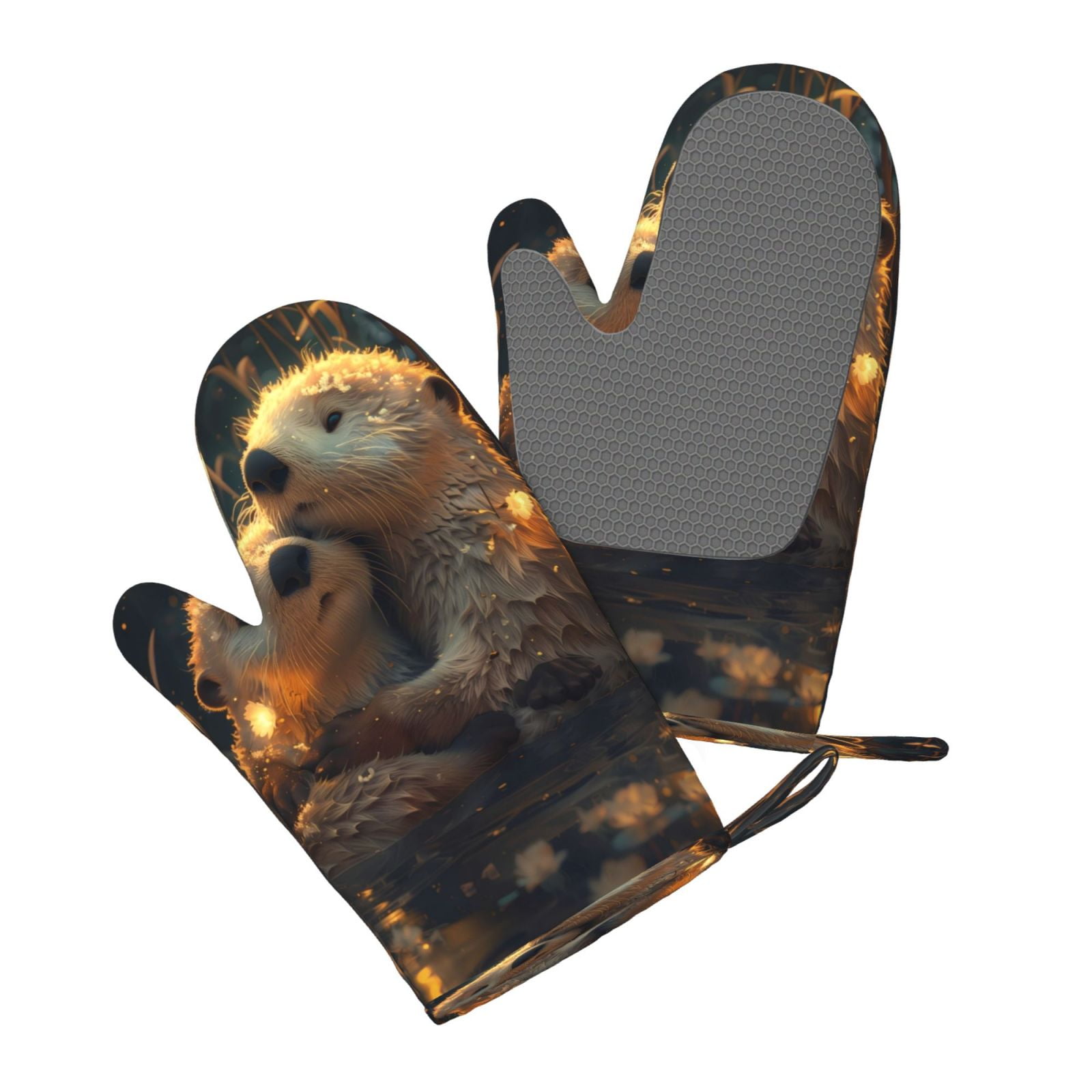 Hirioo Adorable Otter Pair Hug for Silicone Oven Mitts for BBQ, Baking, Cooking, Set of 2, Heat Resistant 260℃, Non-Slip Kitchen Essentials