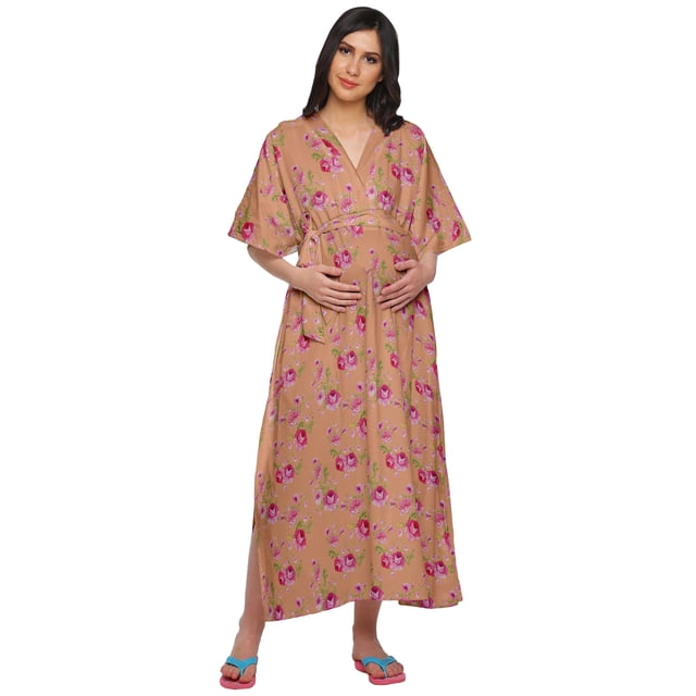 Moomaya Robe Kaftan d'Été pour Femmes en Coton à Boutons, Manches Kimono, Maternité