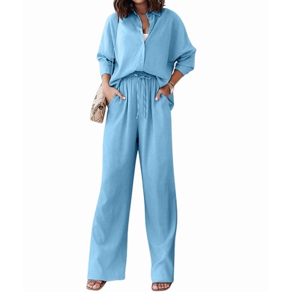 Women'S Solid Color Collared Blouse and High Waist Pants Two Piece Set Fashion S