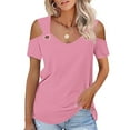 thumbnail image 2 of AherBiu Off Shoulder Tops for Women Short Sleeve V Neck Low Cut Summer Casual Loose Tunic Shirts Blouse, 2 of 7