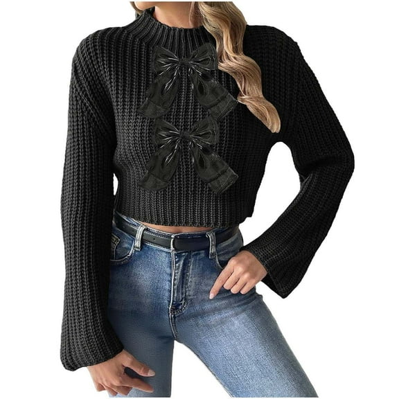 Bixock Women Fall and Winter Top,Women Sweater,Women's Comfortable Stand Neck Long Sleeved Bow Patchwork Sleeve Casual Sweater