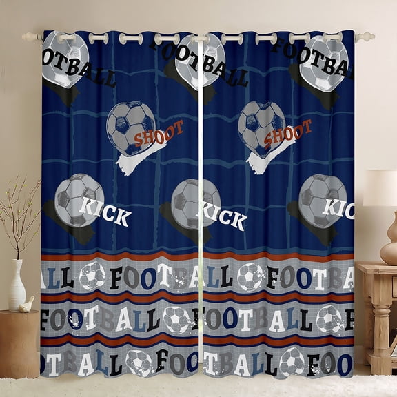 Feelyou Soccer Football Kids Black Out Curtains, Eat Sports Sleep Curtains Pack of 2 (42x63 Each), Navy Square Buffalo Bedroom Curtains, Living Room Curtains Decor