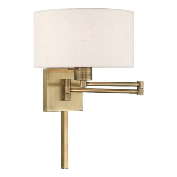 Bowery Hill 1-Light Swing Arm Modern Metal Wall Lamp in Antique Brass/Oatmeal