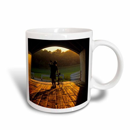 3dRose Bicyclist, Hogback Covered Bridge, Madison Co, Iowa - US16 CHA0022 - Chuck Haney, Ceramic Mug, 15-ounce