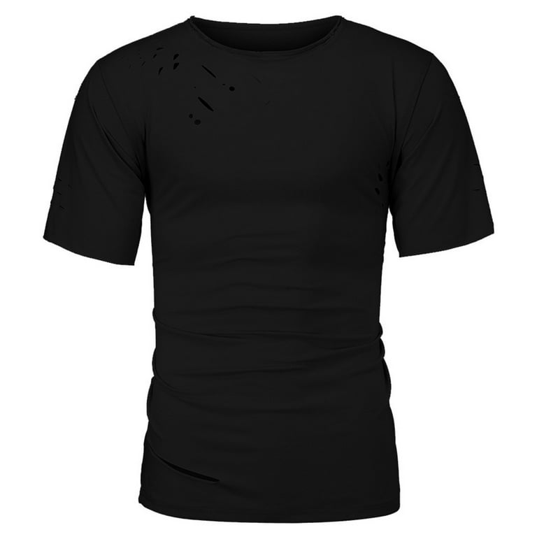 SMihono Deals 2024 Men's Solid Short Sleeves With Holes In Summer Fashion  Comfortable Blouse Top Men's & Big Men's Crew-Neck Tees Shirts Black 6
