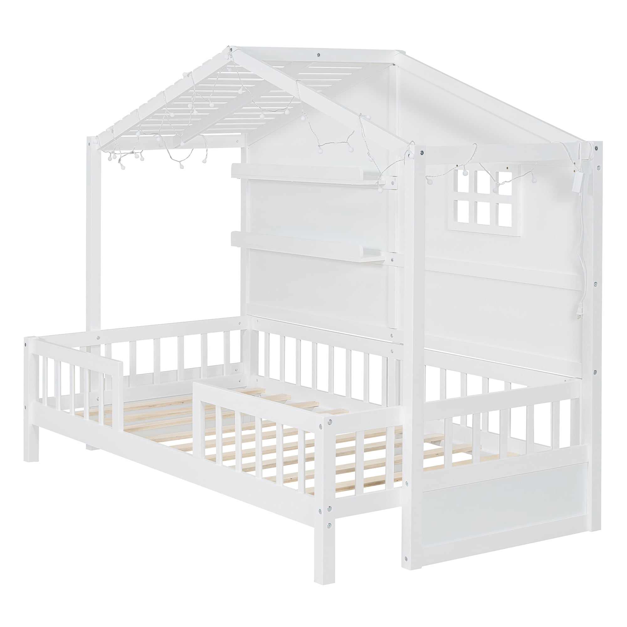 Mintazer Twin House Bed with LED String Lights & Storage Shelves, Toddler Montessori Bed Frame with Guardrails for Kids, White