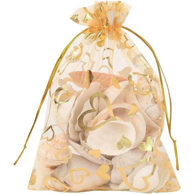 Bolsas de organza con estampado de corazones de 5x7 pulgadas, 100 unidades, bolsas de regalo doradas, bolsas para joyas, bolsas de organza de malla transparente con cordón, recuerdos de boda