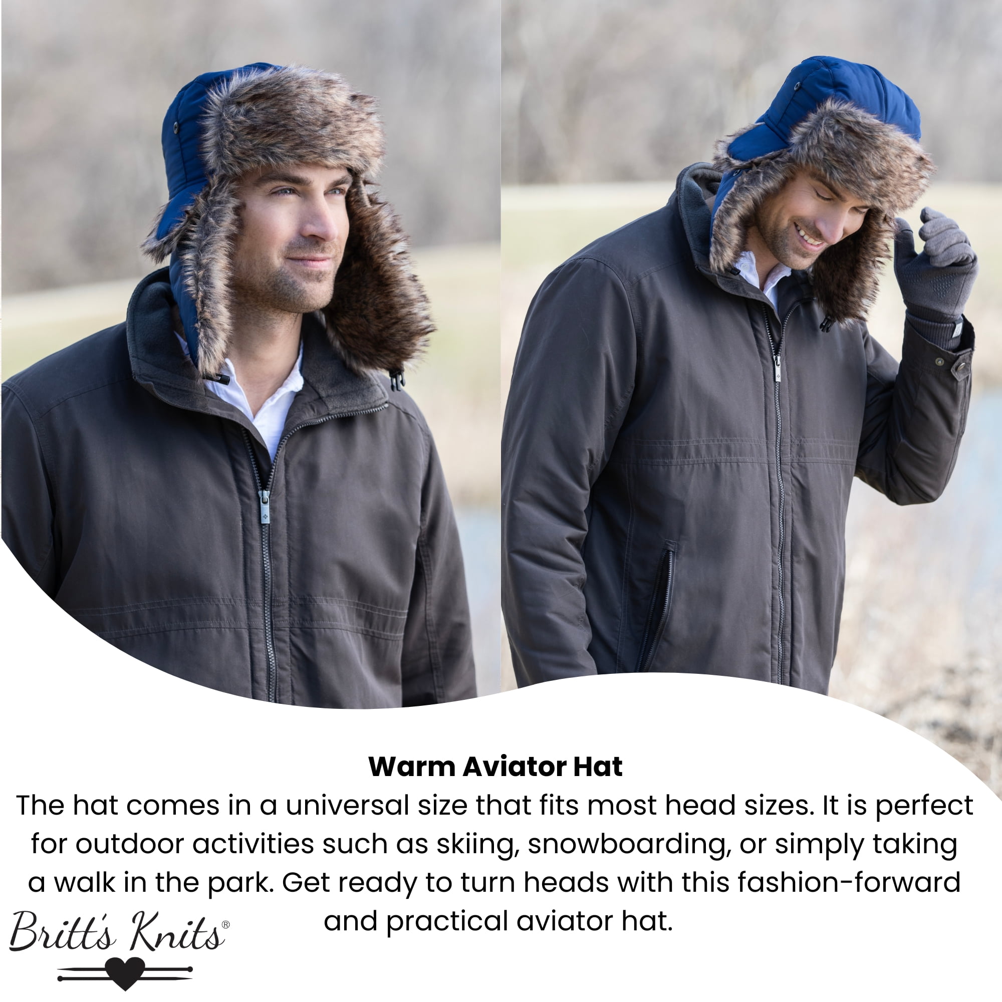 Britt’s Knits Aviator Hat Faux Fur Winter Trapper Hat with Ear Flaps - Black (Men's)