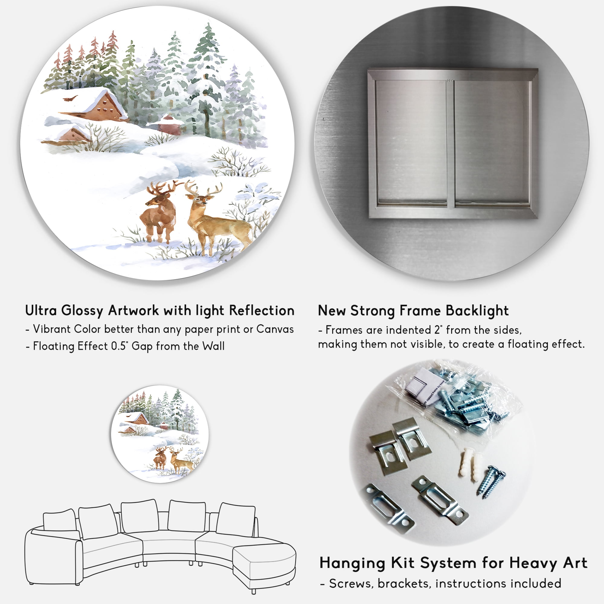 Designart 'Two Deers With Winter Cottage' Farmhouse Circle Metal Wall Art 36x36 - Disc of 36