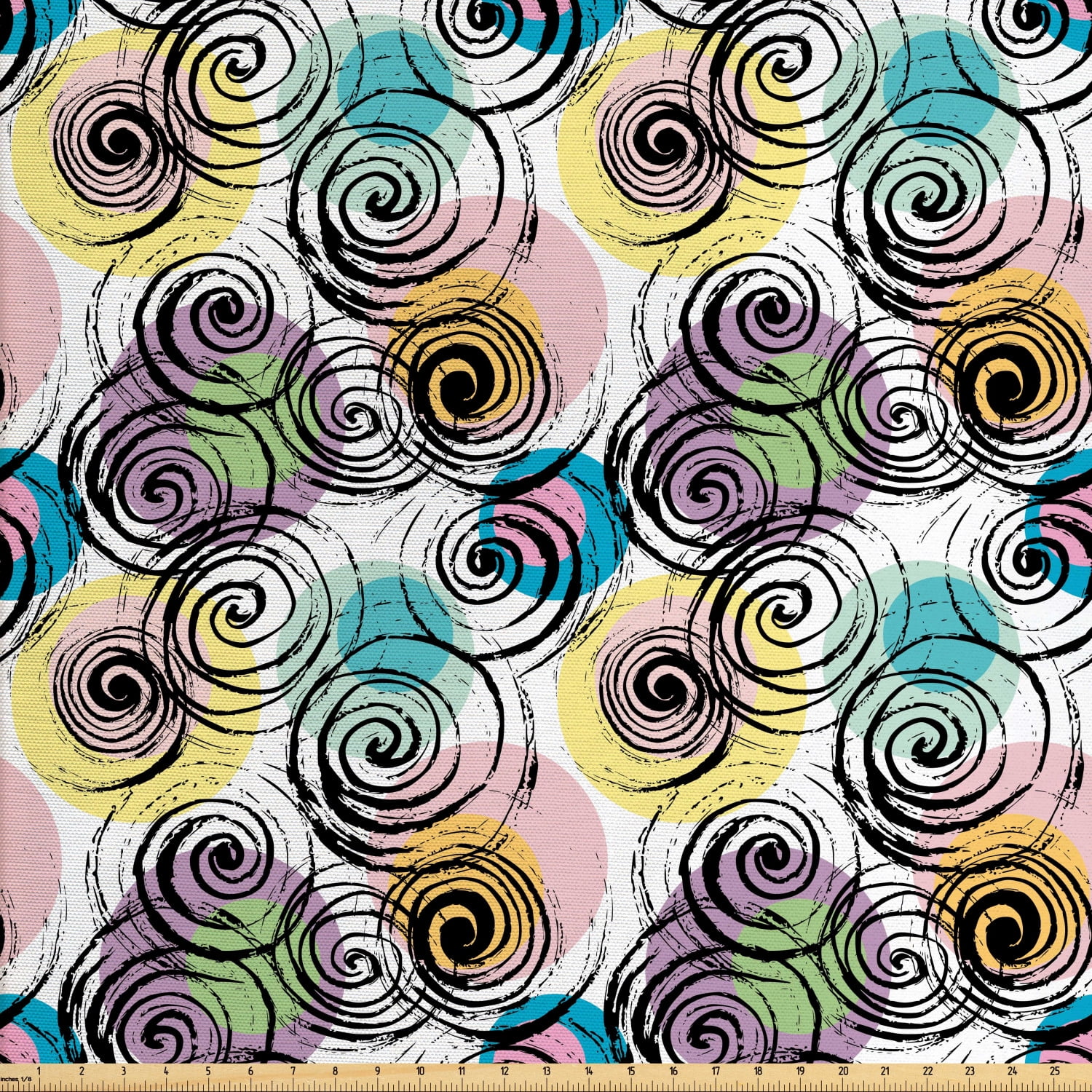 Abstract Fabric by The Yard, Hand Drawn Like Spiral Shapes and Colorful