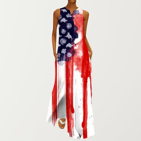 

Hvyesh 4th of July Dresses Women Summer Casual Maxi Dress Patriotic Graphic V Neck Sundresses Comfortable Sleeveless Soft Dresses 2023 Red