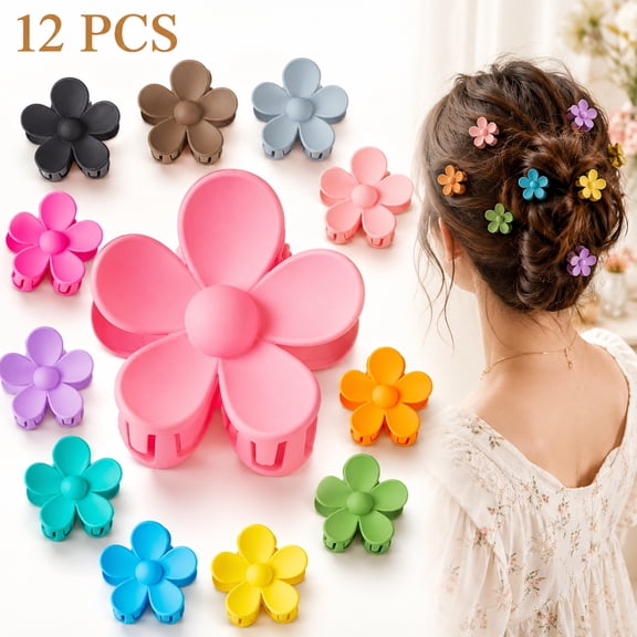 Rongsi 12 Pack Small Flower Hair Claw Clips, 1.37 Inch Non-Slip Mini Jaw Clips for Thin to Medium Hair, Matte Strong Hold Hair Accessories for Women, 12 Colors