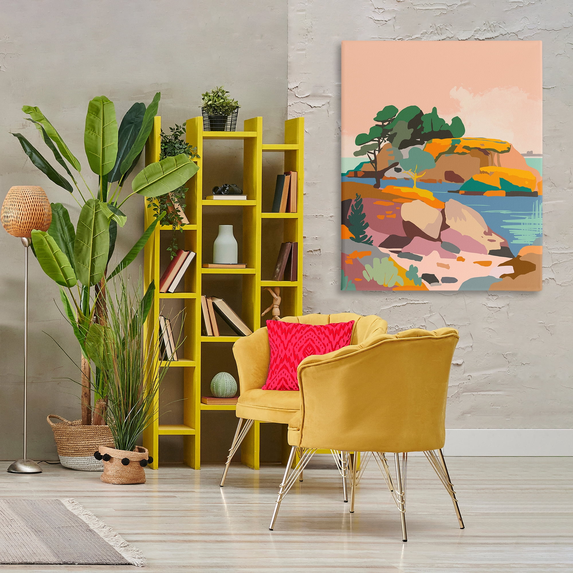 Stupell Industries Abstract Lake & Cliffs Landscape Painting Gallery Wrapped Canvas Art Print Wall Art, 36 x 48