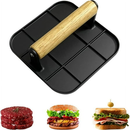 Meat with Wooden Handle 6in Square Burger Aluminum Hamburger Smasher Tool Use for Grill and Griddle Cooking