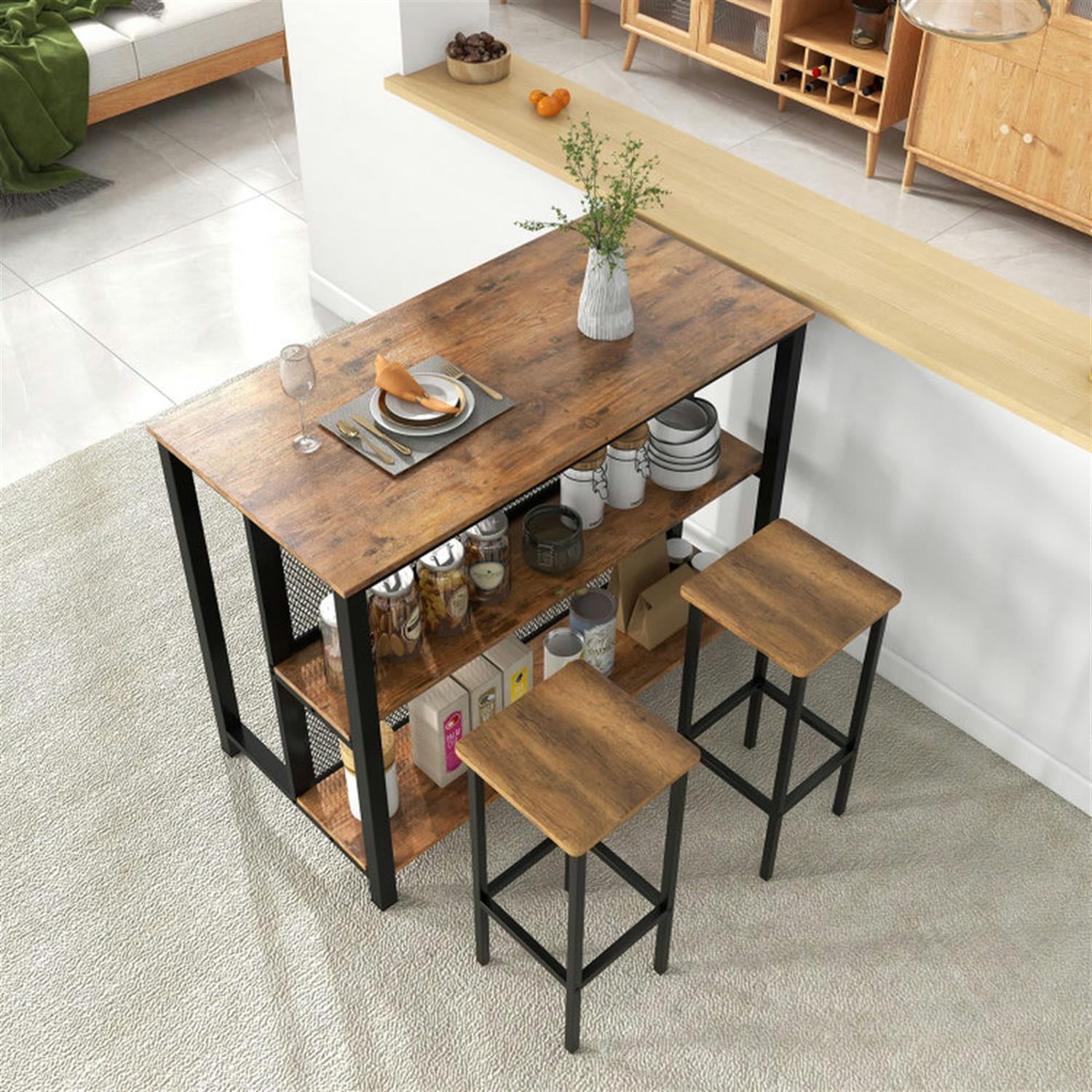 Demi Bonn 36" 3-Tier Bar Table with Storage Metal Frame Adjustable Foot Pads for Kitchen, Dining Room, Dinette, Breakfast Nook, Brown