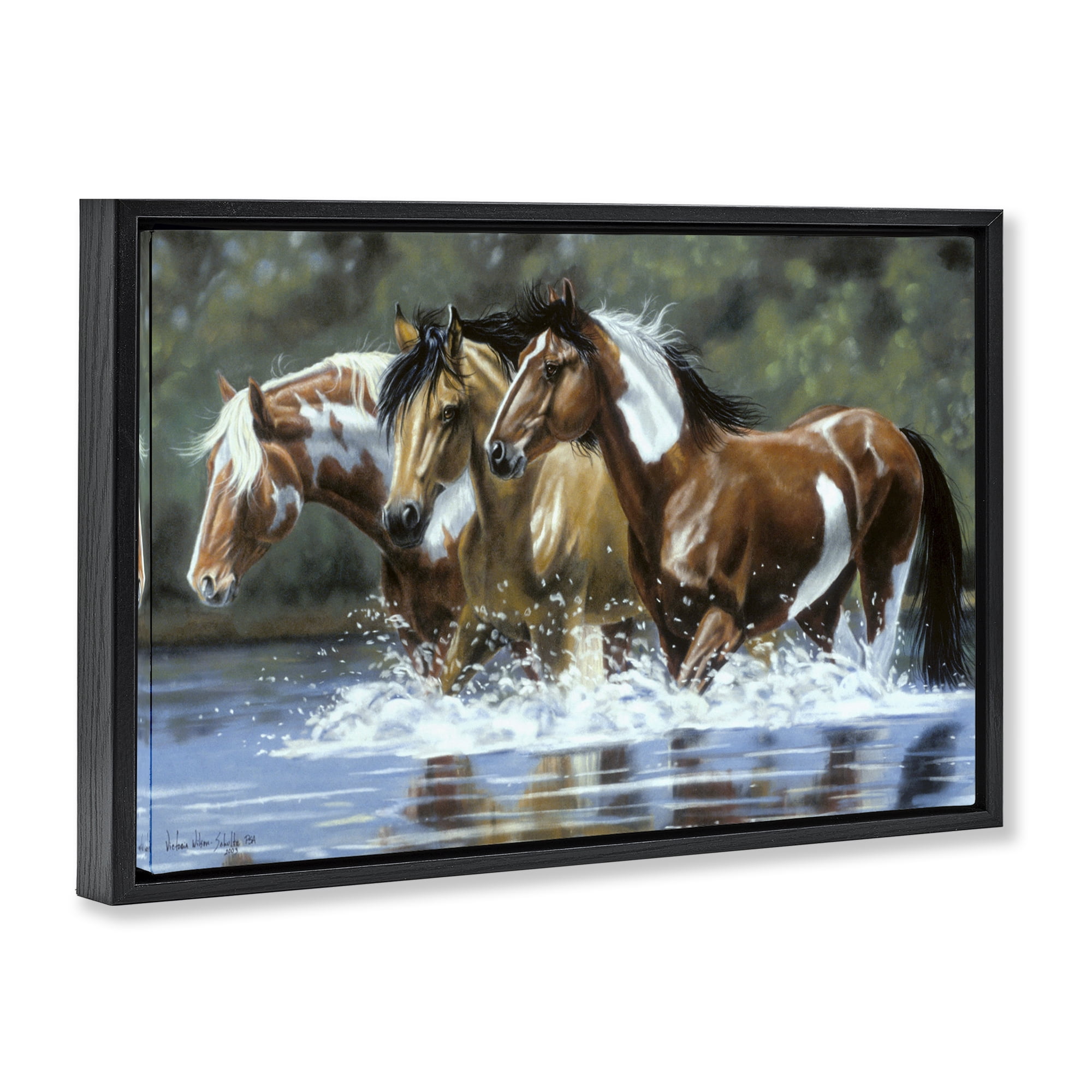 Stupell Industries Heading Upstream Horses Animals & Insects Painting Black Floater Framed Canvas Art Print Wall Art, 31 x 21