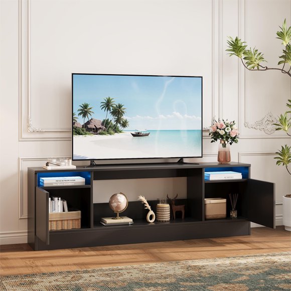 70" Black TV Stand for Living Room, Modern Wooden Entertainment Center with Storage Cabinets, Fits TVs up to 75", Compatible with 36" Electric Fireplace (Fireplace Not Included)