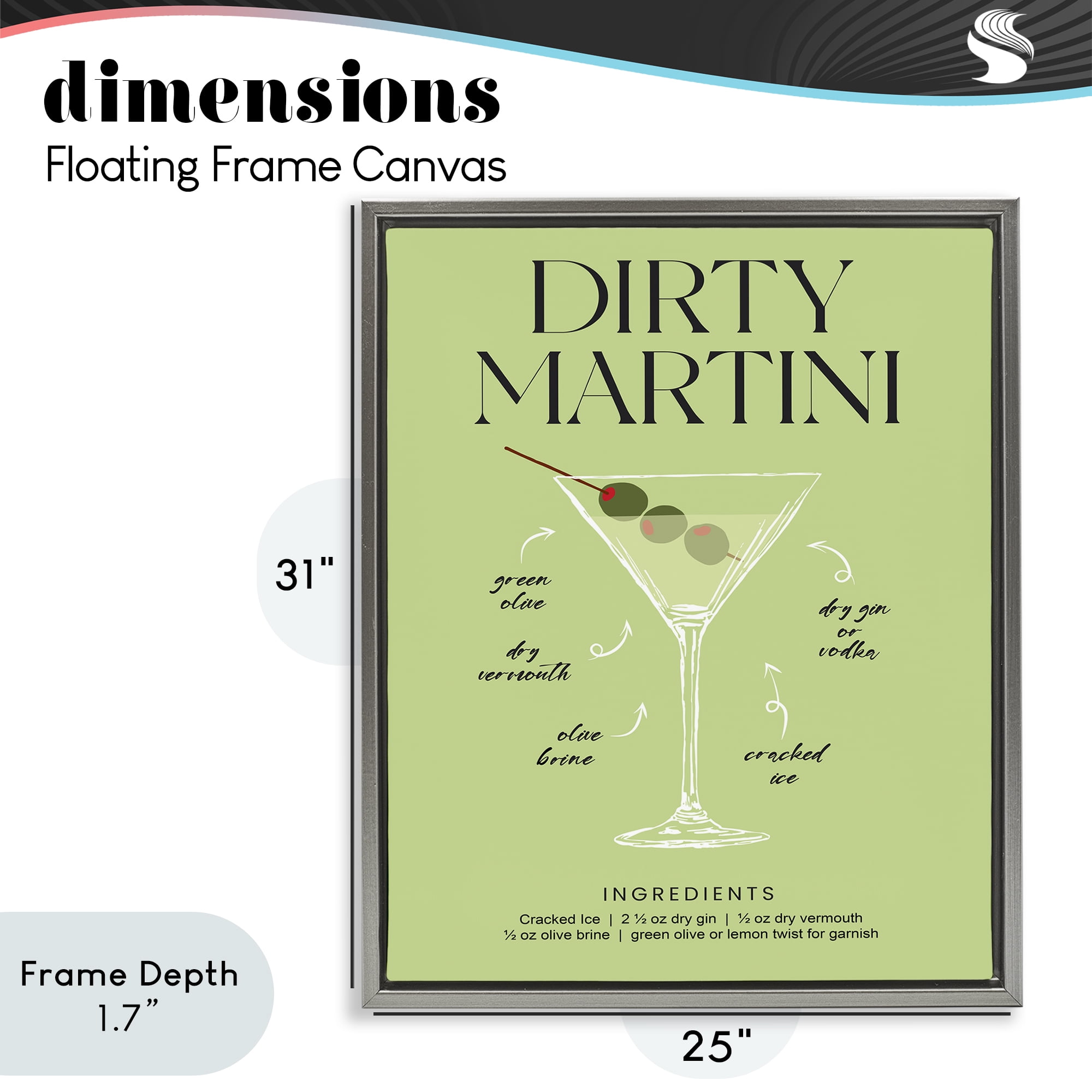 Stupell Industries Dirty Martini Green Recipe Gray Framed Floater Canvas Wall Art, design by Lettered and Lined