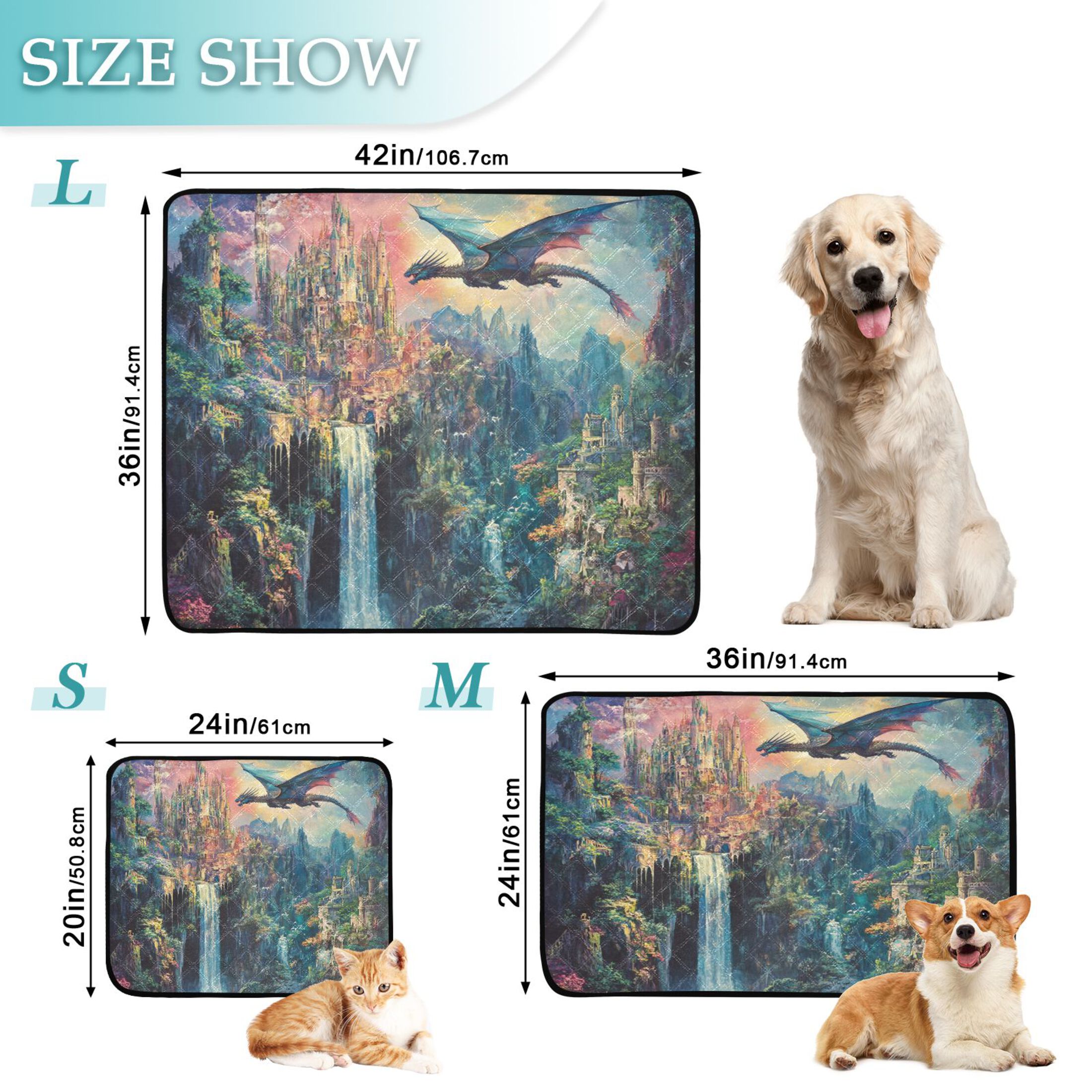 Qxltty Magic Dragon Castle Cat litter Pads Pet Set of 3 Diaper Mats Center Anti-leakage Layer Absorbent Soft and Comfortable