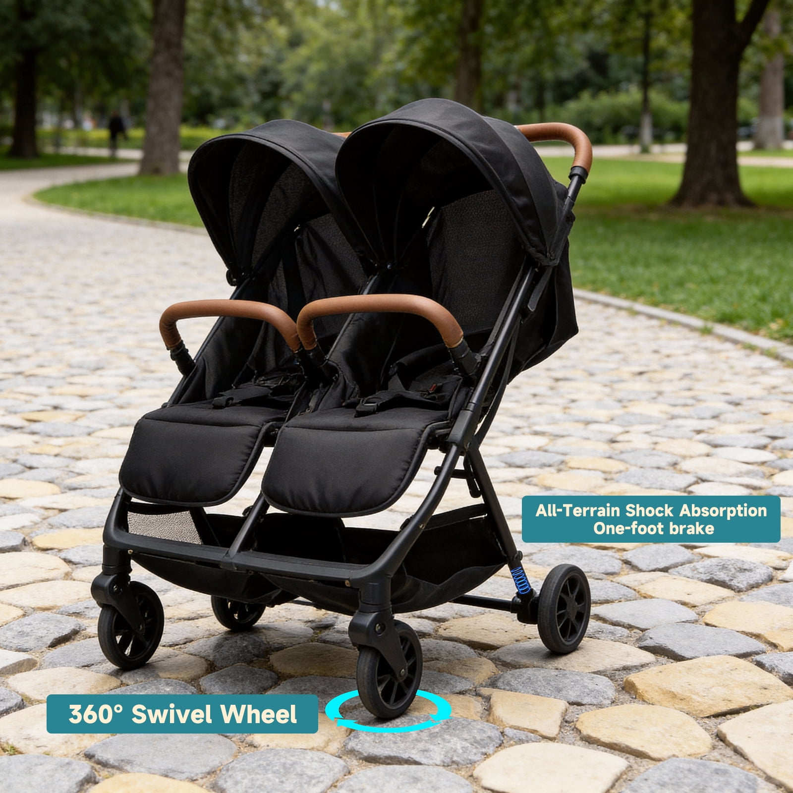 Double Tandem Stroller for 2 Kids Side by Side(6-36 months) - Ultra-Lightweight Self-Standing, Multi-Position Recline, UPF50+ Canopy, All-Terrain Shock Absorption, Large Storage, Easy Fold for